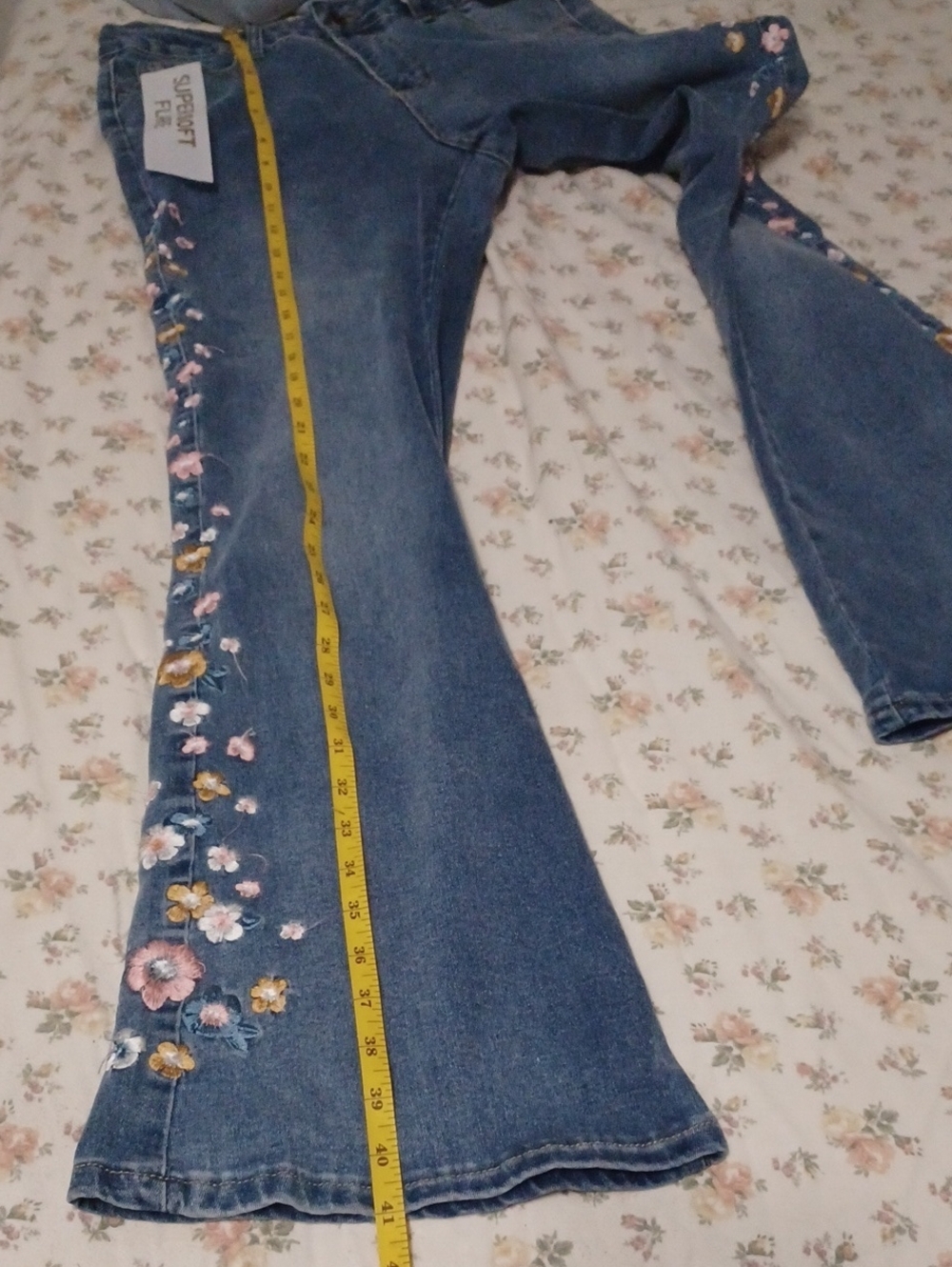 Bamboo Women’s Blue Embroidered Flare Jeans With Floral Side Details Size 13 - Picture 12 of 14